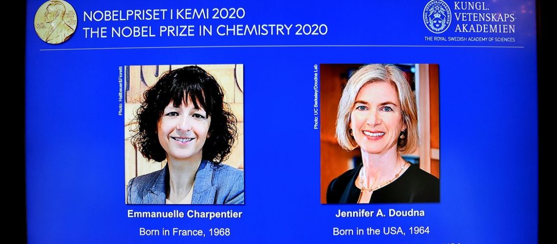 Fotos de Emmanuelle Charpentier e Jennifer A. Doudna, vencedoras do Prêmio Nobel de Química de 2020, são exibidas em uma tela durante a coletiva de imprensa anunciando os laureados, na Royal Swedish Academy of Sciences, em Estocolmo, Suécia, 7 de outubro de 2020. são os laureados,. Agência TT News / Henrik Montgomery / Pool via REUTERS