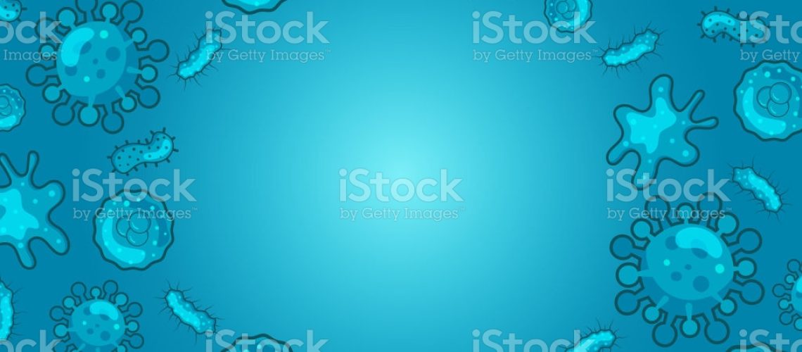 Vector coronavirus and bacteria pattern background disease concept backdrop with copy-space blue color